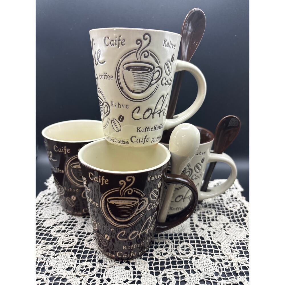 Set of 4 Home Essentials Coffee Themed Embossed Coffee Cups/Mugs with Spoon